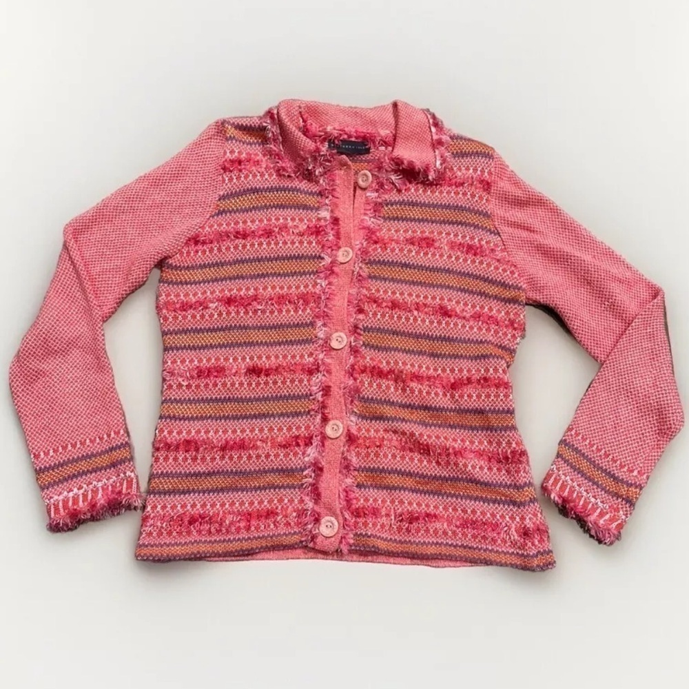 Northern Isles Cardigan Sweater Women's Small Pink Knit Ramie Fair Isle Vintage